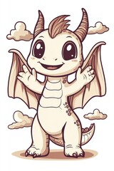 Obraz premium Cute baby dragon welcomes, clouds background, children's book illustration