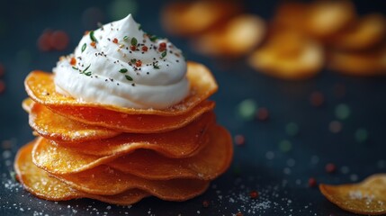 Stacked sweet potato chips topped with whipped cream, herbs, and spices on dark surface; other chips scattered in background