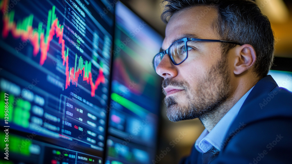Aufkleber focused trader analyzes market trends during late night hours in a high-tech trading environment