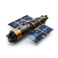 High-resolution image of a solar-powered spacecraft against a white backdrop, perfect for e-commerce, catalogs, and promotional content, designed for long-duration space travel.