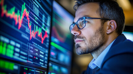 Focused trader analyzes market trends during late night hours in a high-tech trading environment