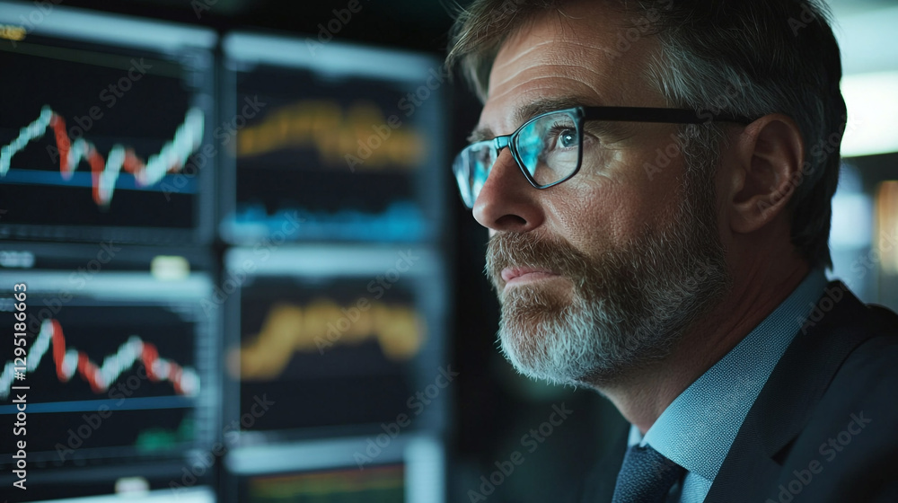 Poster professional trader analyzing market trends in a high-tech trading room during daylight hours