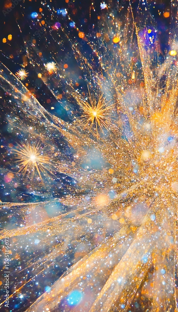 Poster exploding gold and blue abstract pattern with bokeh lights