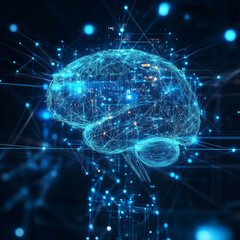 Abstract image of AI in business with interconnected data points and futuristic holographic elements.