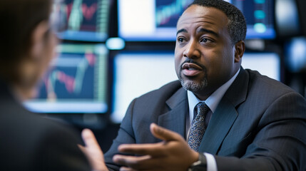 Engaging business discussion during a financial meeting in a modern office environment