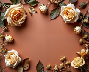 Obraz premium A beautiful arrangement of soft yellow roses and leaves on a warm, earthy background, creating an elegant floral frame.