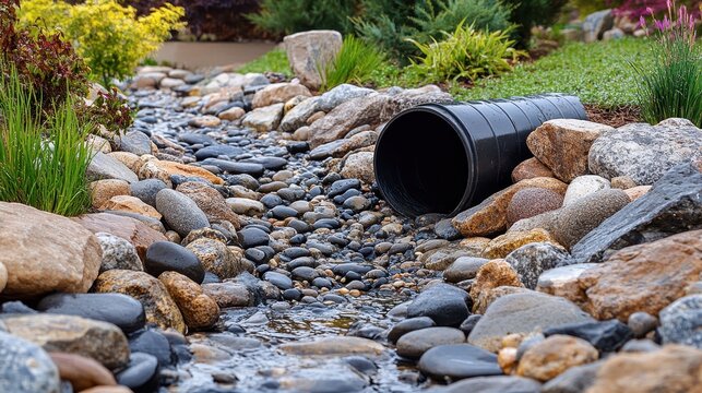 Stream flows from a black pipe, nestled amongst smooth river rocks and lush greenery. Shows natural water drainage solution for landscaping.
