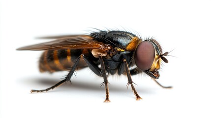 Fototapeta premium Close-up of a fly showcasing intricate details of its anatomy against a white background