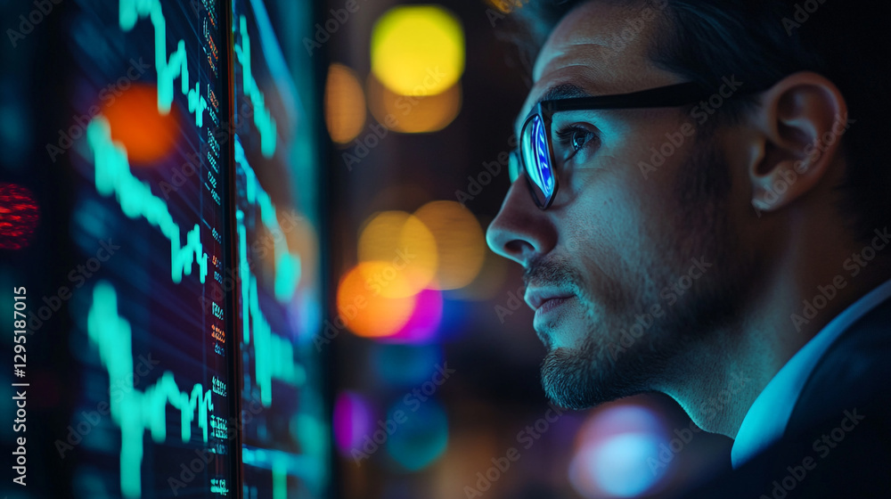 Poster focused trader analyzes dynamic financial data in a bustling stock market environment filled with vi