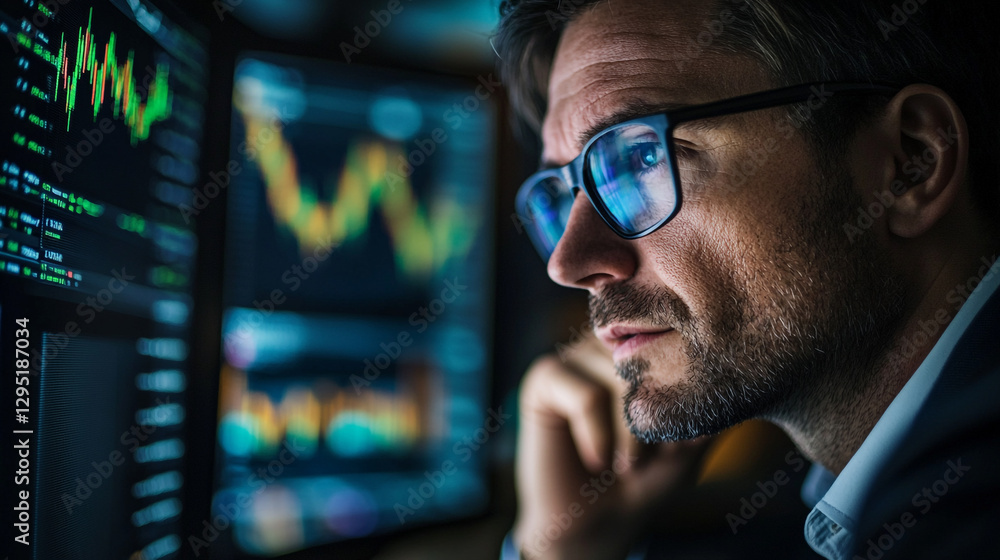 Poster focused trader analyzing market trends late at night in a tech-savvy workspace illuminated by screen