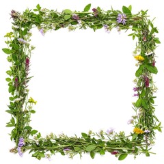 Floral Frame Illustration with Green Leaves and Wildflowers for Natural-Themed Designs and Invitations