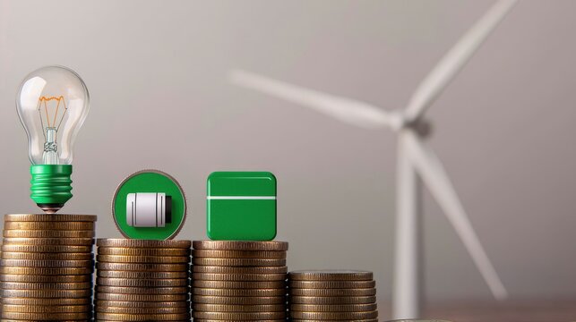 A stack of coins supports green energy symbols, including a light bulb, battery, and power icon, set against a backdrop of a wind turbine.
