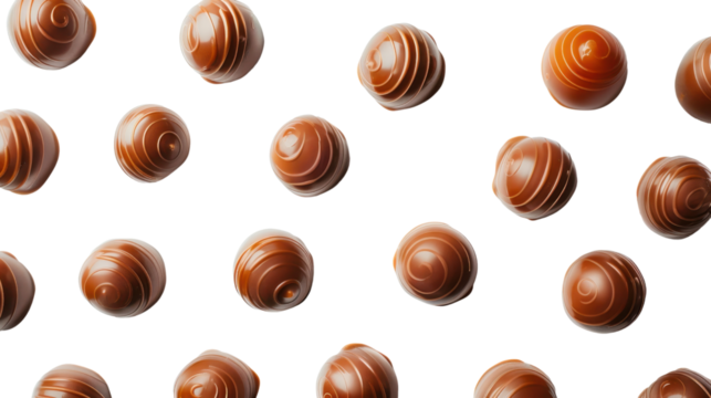Chocolate pralines falling on transparent background: seamless looping animation