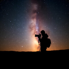 Silhouette of photographer with camera and milky way black ground