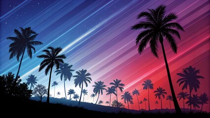 Obraz premium Space futuristic landscape. Neon palm tree, tropical leaves. Tropical palm trees on a background of an abstract background with neon glow. Reflection of palm trees on the water. 3d illustration