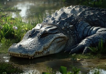 Obraz premium Realistic 3D Illustration of a Crocodile Relaxing by the Water in a Lush Green Environment with Detailed Scales and Natural Habitat