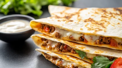 close up of delicious quesadillas filled with melted cheese, seasoned ground beef, and fresh vegetables, served with side of creamy dipping sauce