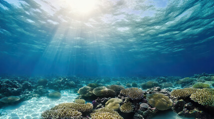 Naklejka premium Breathtaking underwater scene with coral reefs and sunlight rays