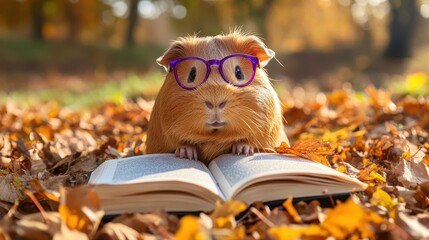 Cute guinea pig wearing glasses reads a book amidst autumn leaves. Perfect for education, autumn, or pet-themed projects.