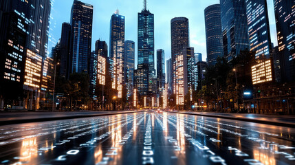city skyline with stock market tickers overlaid, showcasing modern architecture and digital