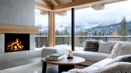 Fototapeta premium cozy mountain lodge with fireplace offering warmth and stunning views