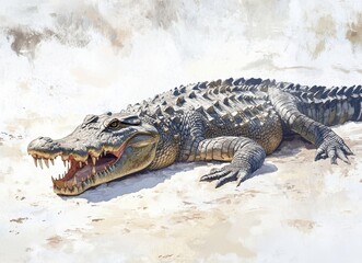 Naklejka premium Realistic and Detailed Illustration of a Fierce Crocodile Lying on the Ground with a Sandy Texture and a Soft Background, Perfect for Wildlife Themes