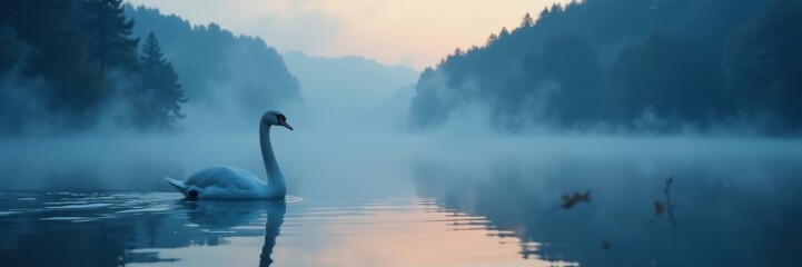 Fototapeta premium Solitary swan on a mysterious blue misty lake at dawn, aquatic, blue, tranquil