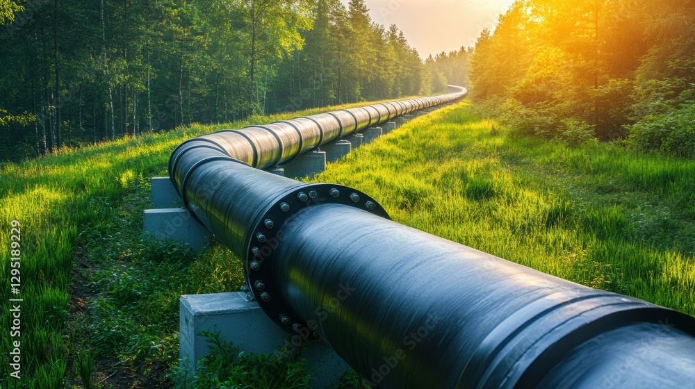 Aufkleber gas pipelines run through a lush green forest at sunset providing essential energy resources. genera