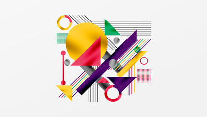Geometric Abstract Background with Bold Shapes and Contrasting Colors. Circles, triangles, squares and lines with shadow effect