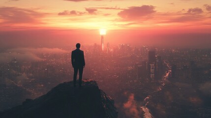 Fototapeta premium Visionary silhouette overlooking illuminated cityscape during twilight