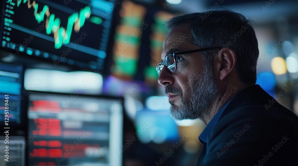 Poster focused trader analyzes market data in a busy financial district during afternoon hours with high-pa