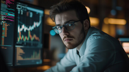 Fototapeta premium Focused analyst analyzing financial data during late-night work hours in a modern office environment