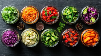 Variety of assorted vegetables and fermented foods in glass jars displayed on a wooden surface