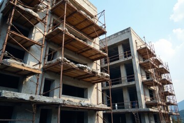 Steel scaffolding surrounds unfinished concrete building , sunny, foundation, beams