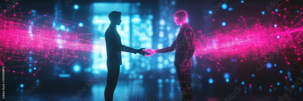 Poster Digital avatars engage in metaverse social interaction through a virtual handshake in a vibrant digital environment. Generative AI
