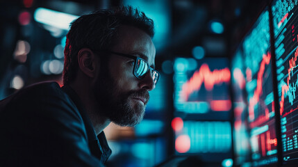 Obraz premium Focused analyst analyzes digital data trends in a modern trading environment at night