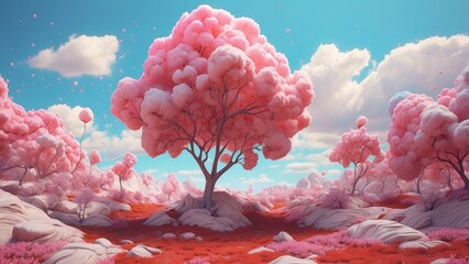 2. **Vibrant Pink Rock Terrain and Dreamy Plants Under a Clear Blue Sky**