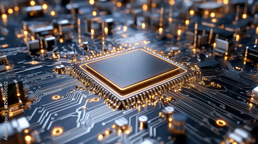 Poster close up view of futuristic microprocessor circuit board, showcasing intricate details and