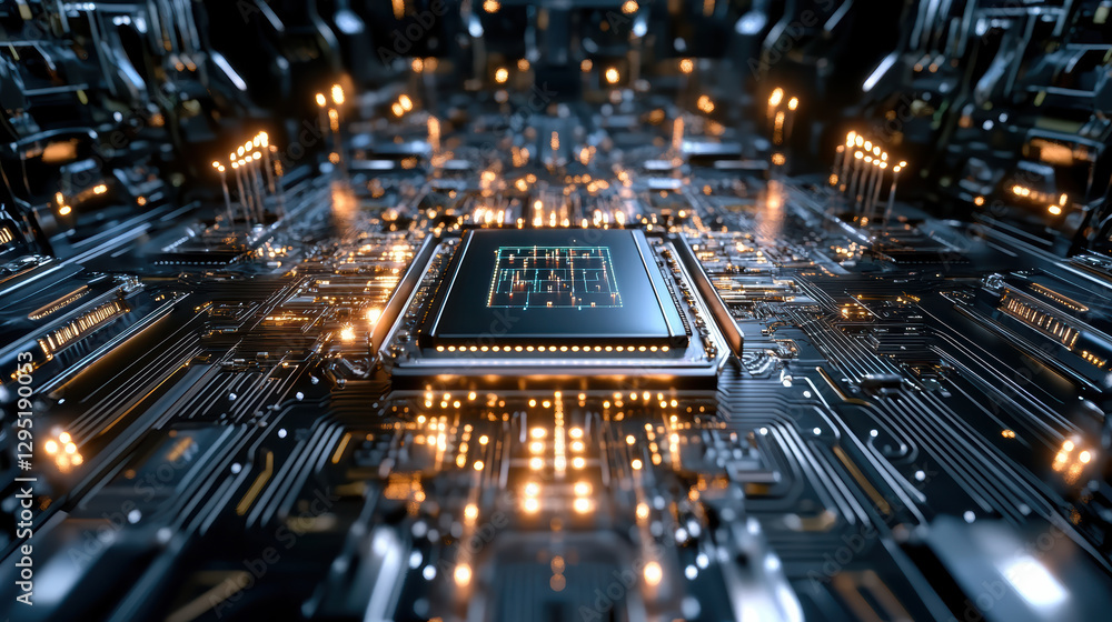 Poster futuristic circuit board with glowing components and intricate design