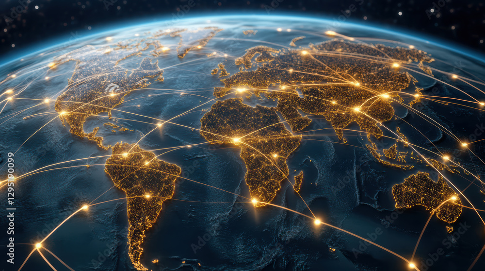 Poster global logistics network map with interconnected routes and cities