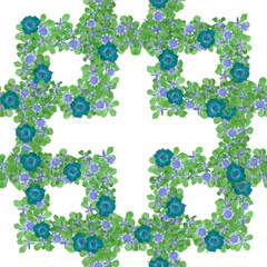Seamless pattern with floral lattice ornament. Green and blue pressed flowers on white background.