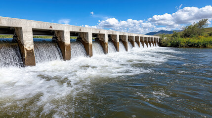 Hydroelectric dam generating clean energy with flowing water and blue sky