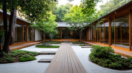 Naklejka premium serene Japanese Zen garden featuring wooden pathways and lush greenery