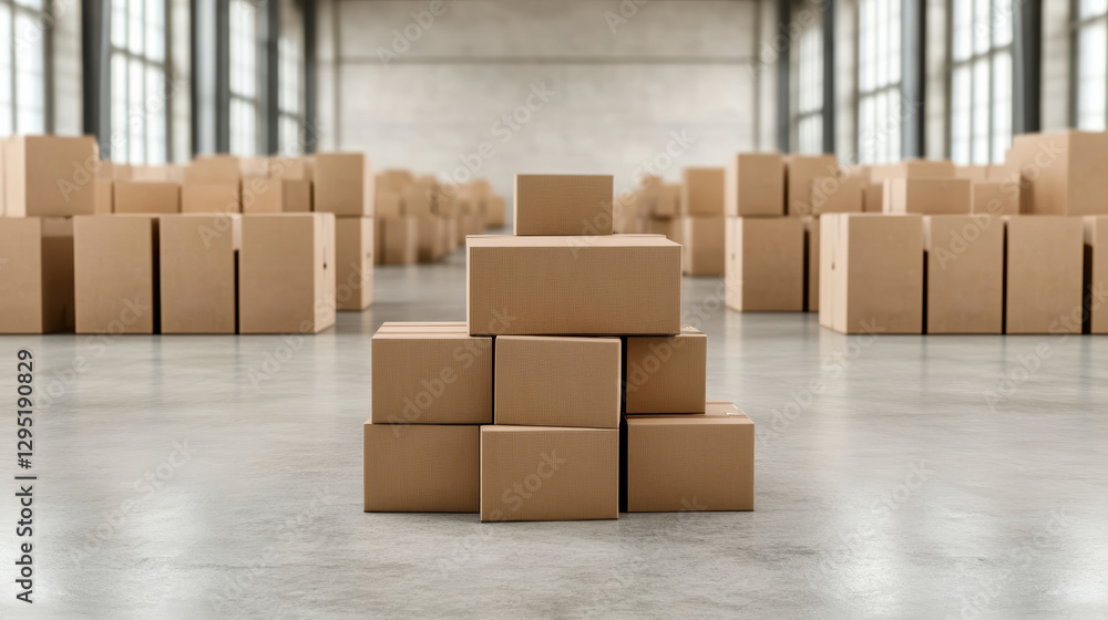 Poster neatly stacked cardboard boxes in spacious distribution center