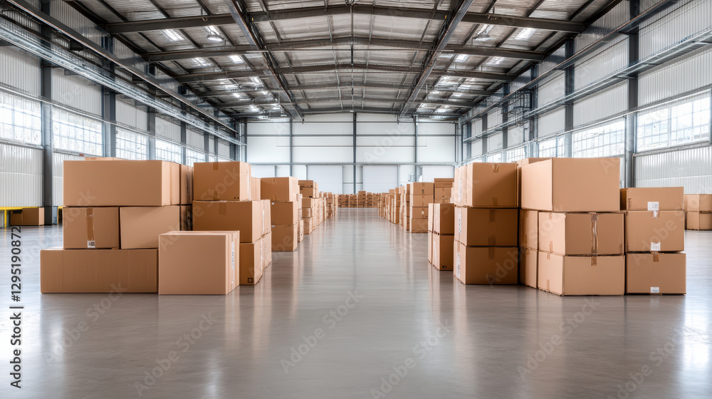 Poster massive distribution center filled with neatly stacked cardboard boxes
