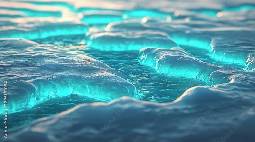 Poster close-up view of textured ice with glowing water beneath in a modern and abstract style representing