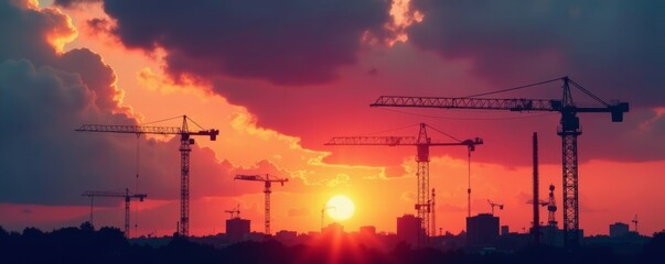 Sunset silhouettes of construction cranes against dramatic clouds , construction site, sunset