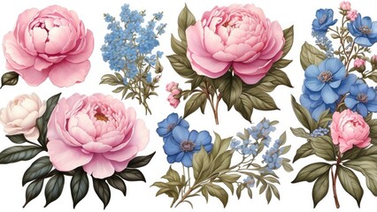 A collage of four floral-themed designs featuring pink peony flowers and blue forget-me-nots.