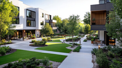 Modern real estate development with green spaces and landscaped gardens