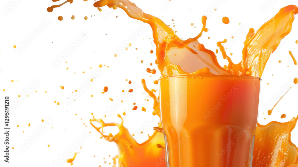 Poster refreshing orange juice splashing from a glass with transparent background